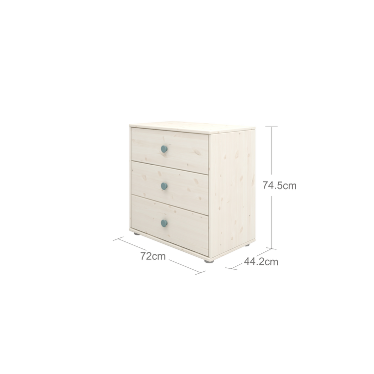 Flexa. Classic chest with 3 drawers and light teal knobs  - White washed