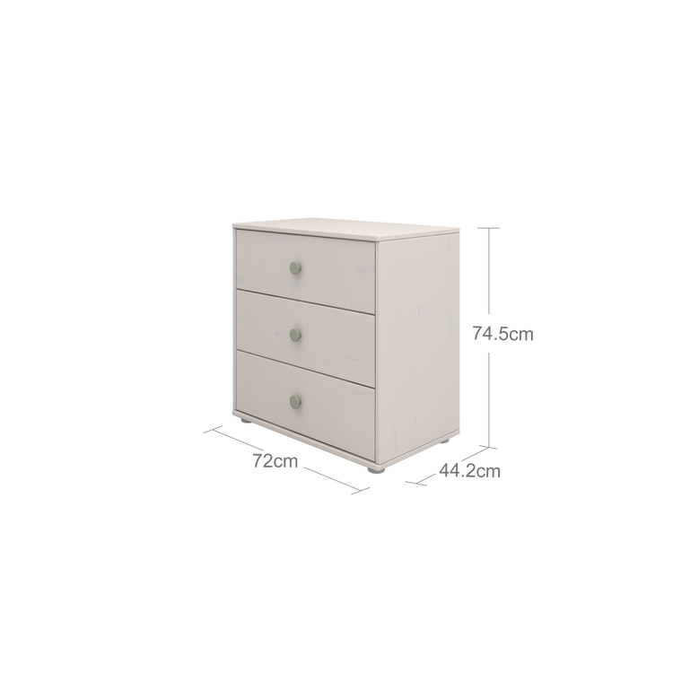 Flexa. Classic chest with 3 drawers and natural green knobs  - Grey washed