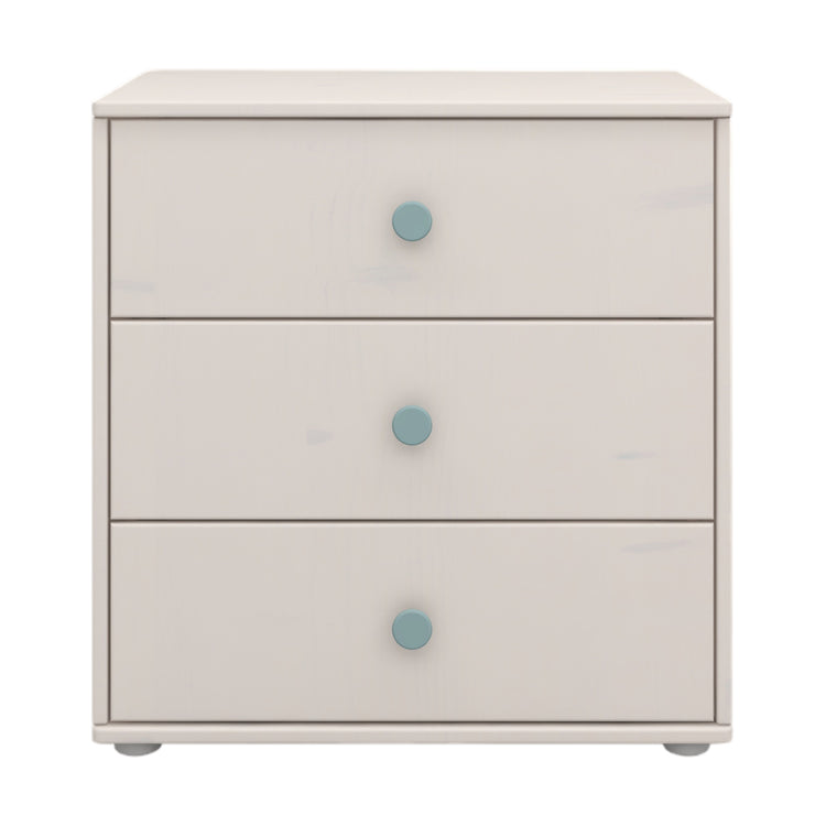 Flexa. Classic chest with 3 drawers and light teal knobs  - Grey washed
