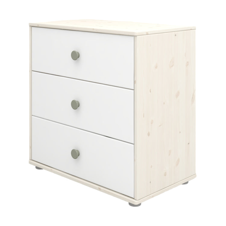 Flexa. Classic chest with 3 drawers and natural green knobs  - White washed
