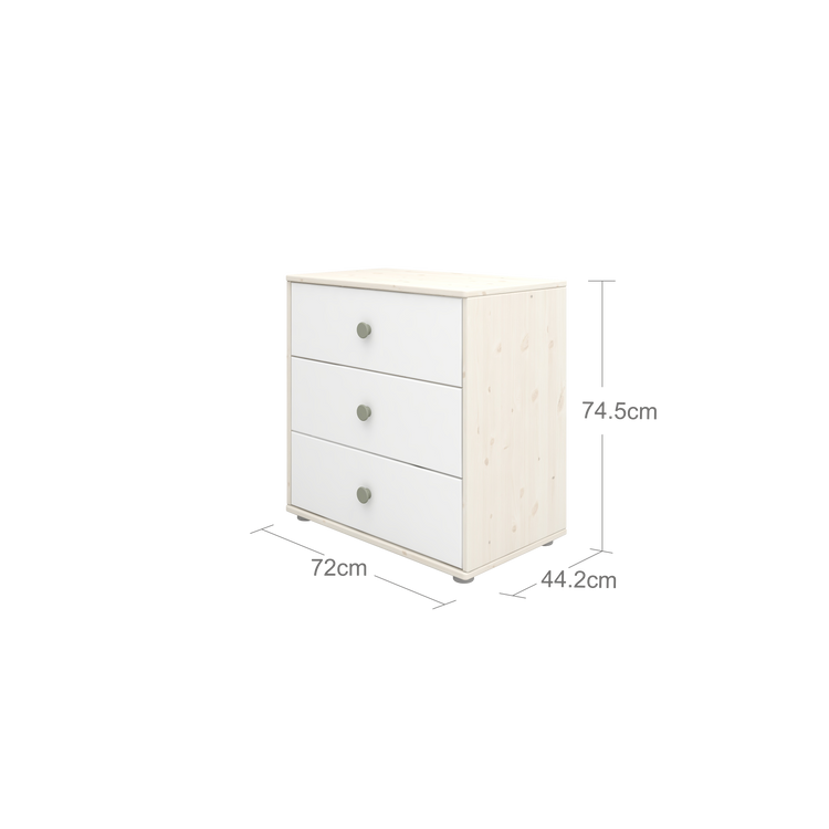 Flexa. Classic chest with 3 drawers and natural green knobs  - White washed