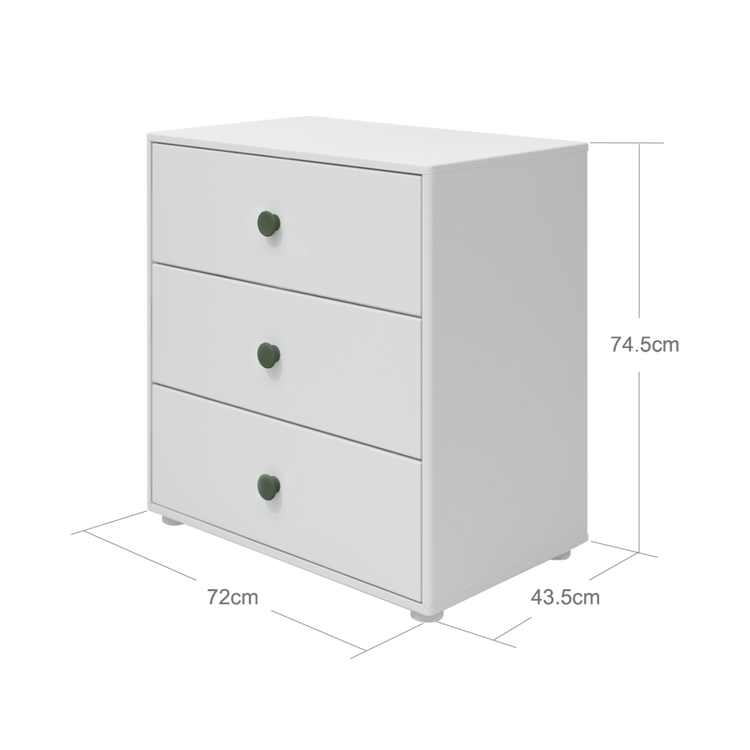 Flexa. Roomie chest with three drawer, deep green knobs  - White