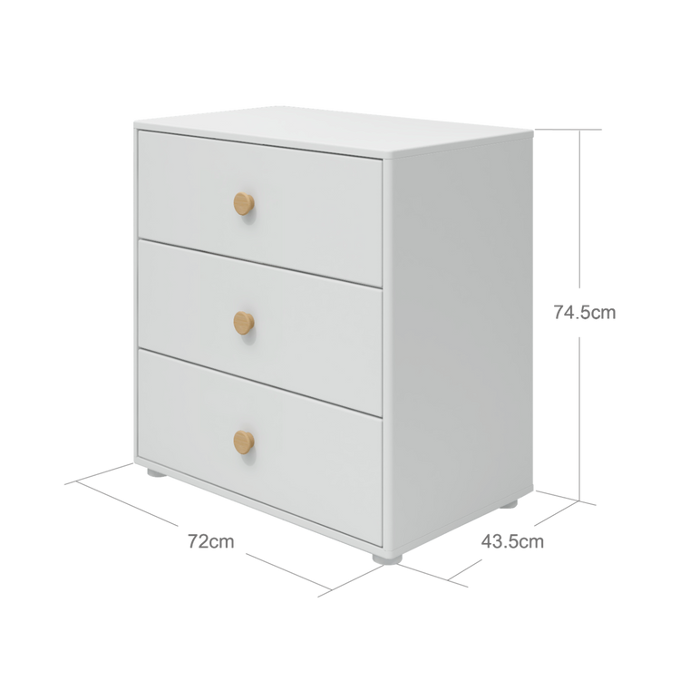 Flexa. Roomie chest with three drawer, wooden knobs - White / Natural