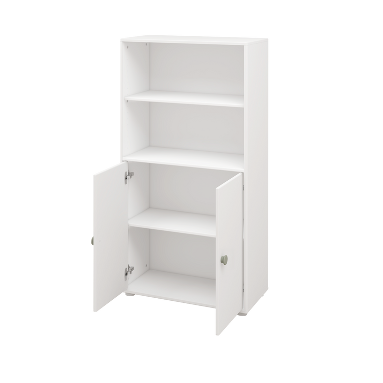 Flexa. Roomie midi bookcase with two doors and natural green knobs - White