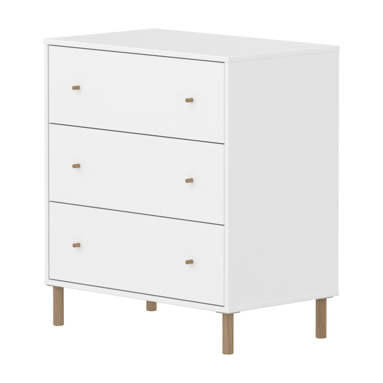 SAGA Chest, 3 drawer, White, Oak legs and oak knobs.