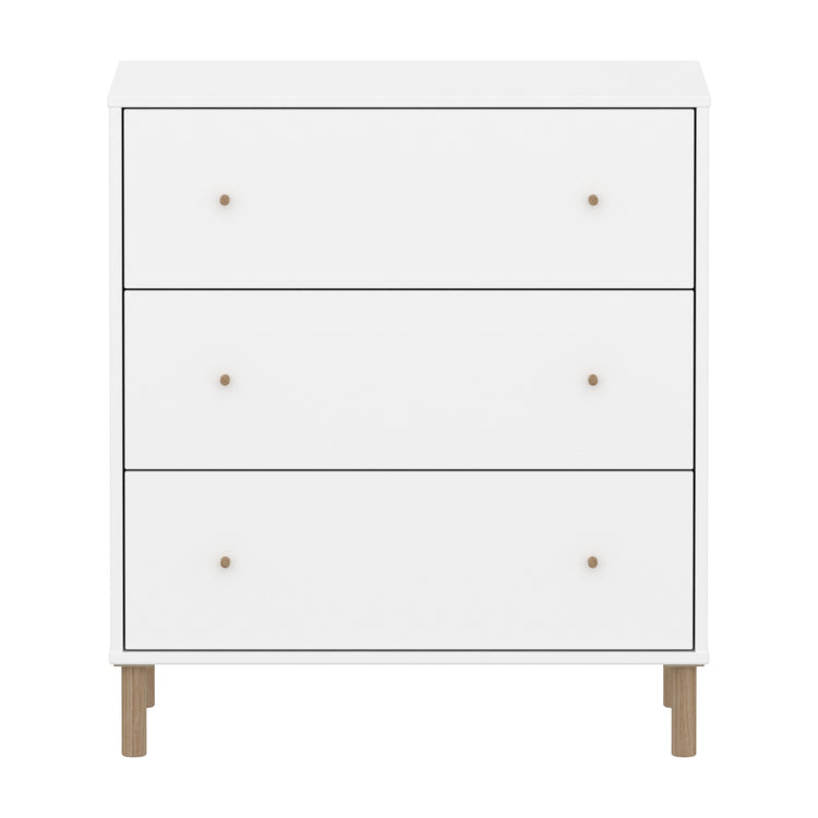 SAGA Chest, 3 drawer, White, Oak legs and oak knobs.