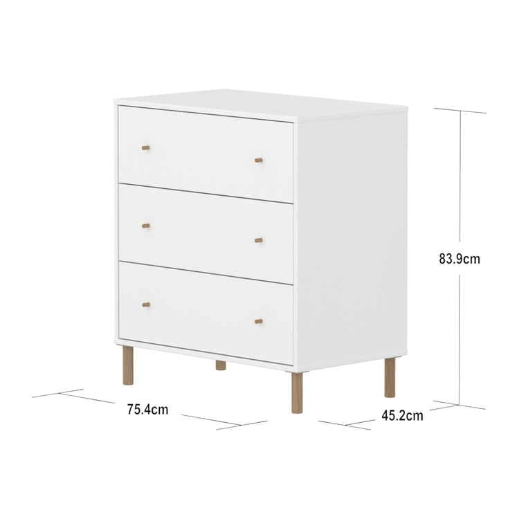 SAGA Chest, 3 drawer, White, Oak legs and oak knobs.