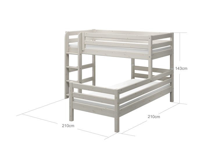 Flexa. Classic semi-high bed with single Classic bed and straight ladder - 210cm - White washed