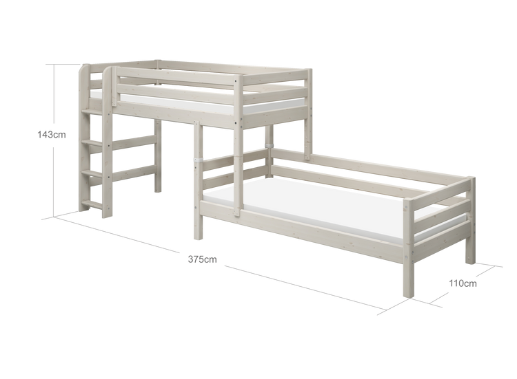 Flexa. Classic semi-high bed with single Classic bed and straight ladder - 210cm - White washed