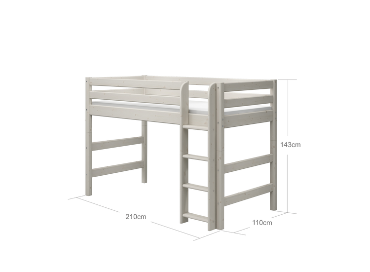 Flexa. Classic semi-high bed with straight ladder - 210cm - White washed