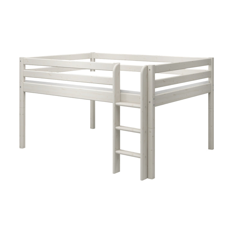 Flexa. Classic mid-high bed with 140cm width and straight ladder - 200cm - White washed