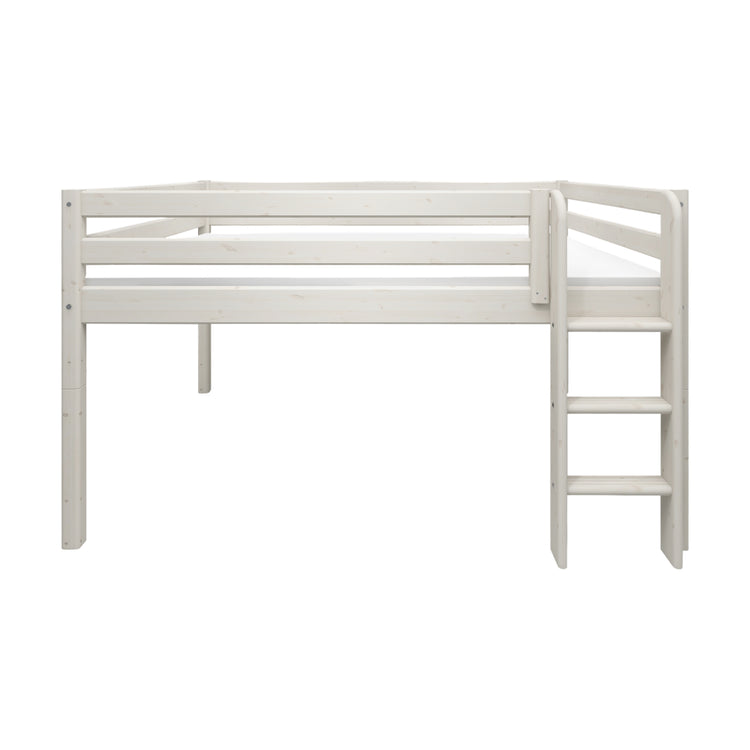 Flexa. Classic mid-high bed with 140cm width and straight ladder - 200cm - White washed