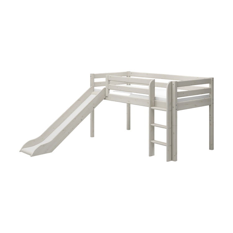 Flexa. Classic mid-high bed with straight ladder and a slide - 210cm - White washed