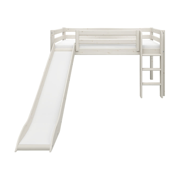 Flexa. Classic mid-high bed with straight ladder and a slide - 210cm - White washed