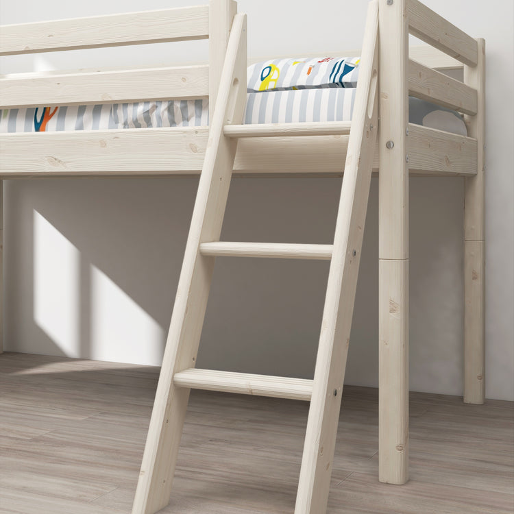 Flexa. Classic mid-high bed with straight ladder and a slide - 210cm - White washed