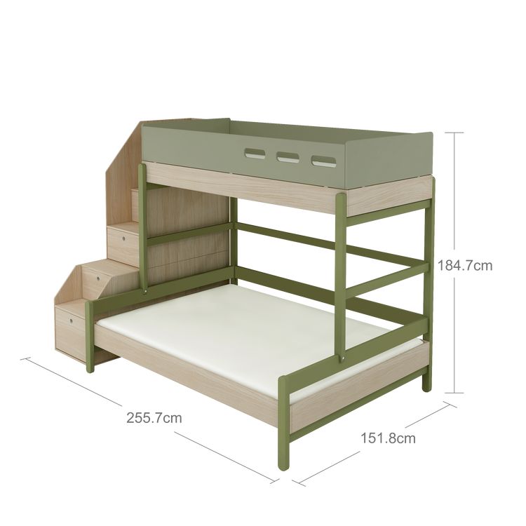 Flexa. Κουκέτα ψηλή Popsicle με σκαλοπάτια και 150εκ κρεβάτι στο κάτω μέρος - Δρυς /αποχρώσεις πράσινου