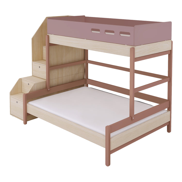 Flexa. Κουκέτα ψηλή Popsicle με σκαλοπάτια και 150εκ κρεβάτι στο κάτω μέρος - Δρυς /αποχρώσεις ροζ