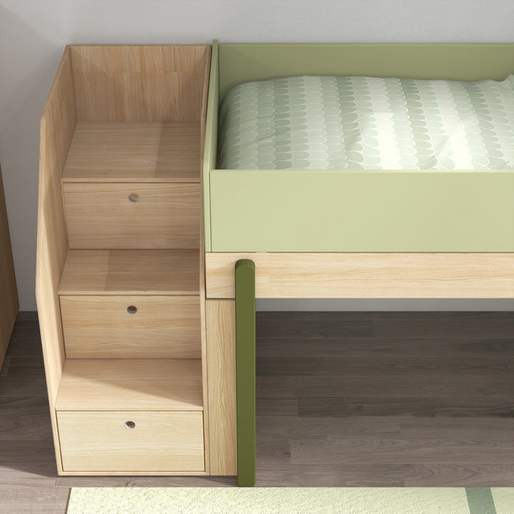 Flexa. Κρεβάτι μεσαίου ύψος Popsicle με σκαλοπάτια - Δρυς /αποχρώσεις πράσινου