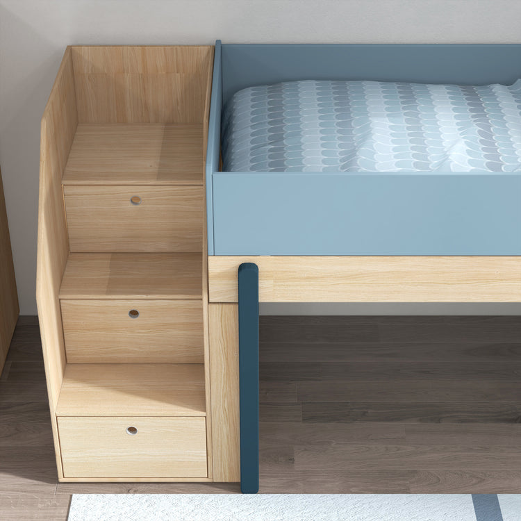 Flexa. Κρεβάτι μεσαίου ύψος Popsicle με σκαλοπάτια - Δρυς /αποχρώσεις μπλε