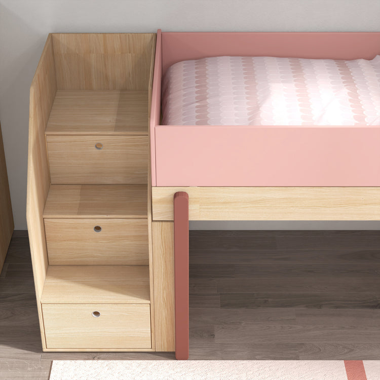 Flexa. Κρεβάτι μεσαίου ύψος Popsicle με σκαλοπάτια - Δρυς /αποχρώσεις ροζ
