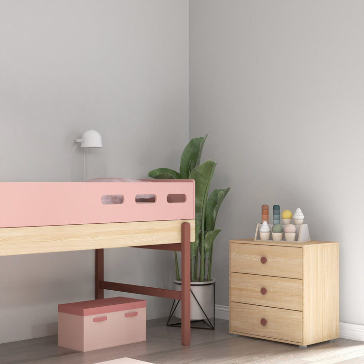 Flexa. Κρεβάτι μεσαίου ύψος Popsicle με σκαλοπάτια - Δρυς /αποχρώσεις ροζ