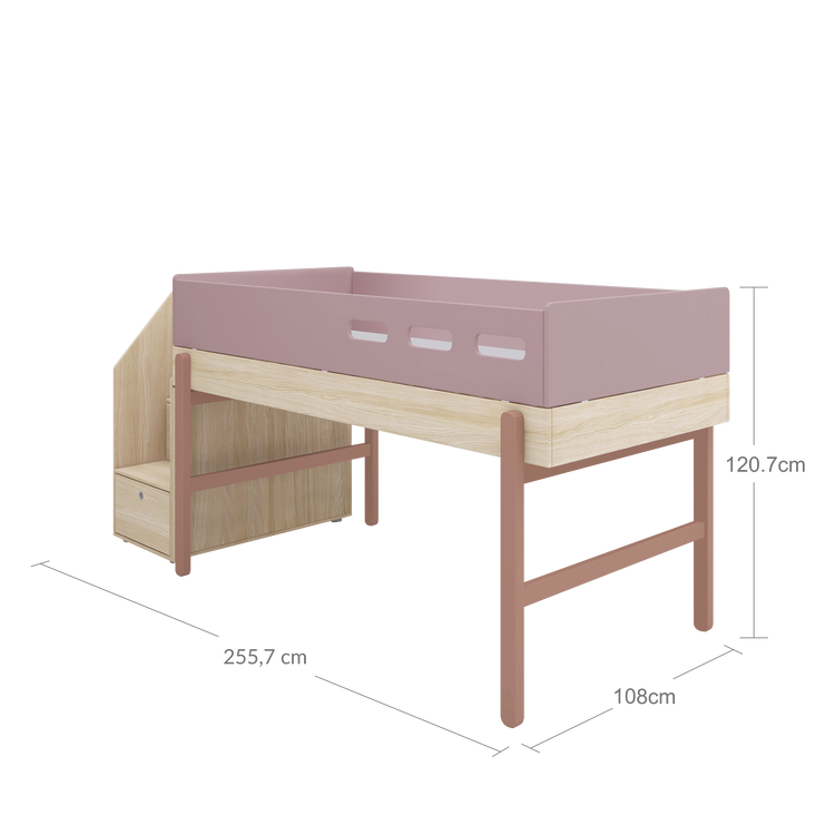 Flexa. Popsicle mid-high bed with staircase - Oak / Cherry