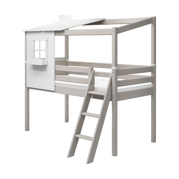 Flexa. Κρεβάτι μεσαίου ύψος Classic με κεκλιμένη σκάλα και 1/2 σπιτάκι - 210εκ - Γκρι ντεκαπέ /λευκό