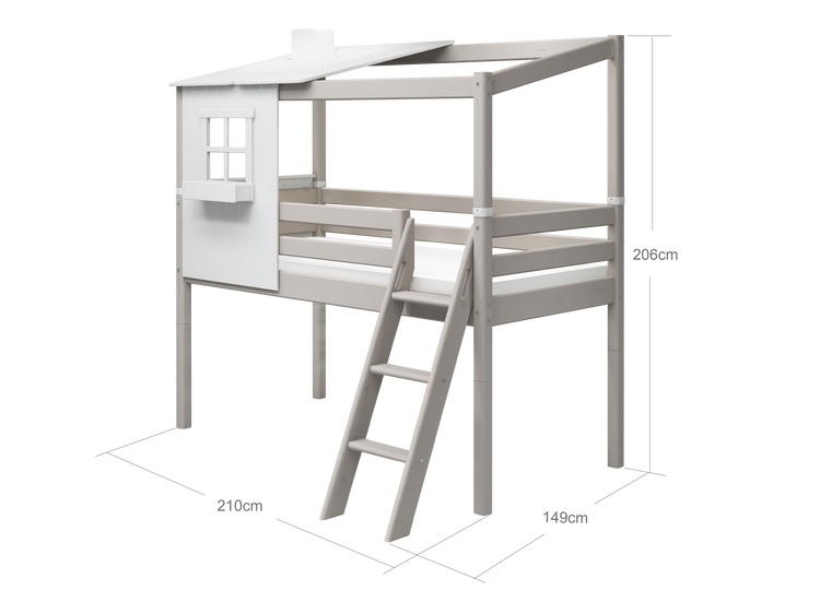 Flexa. Κρεβάτι μεσαίου ύψος Classic με κεκλιμένη σκάλα και 1/2 σπιτάκι - 210εκ - Γκρι ντεκαπέ /λευκό
