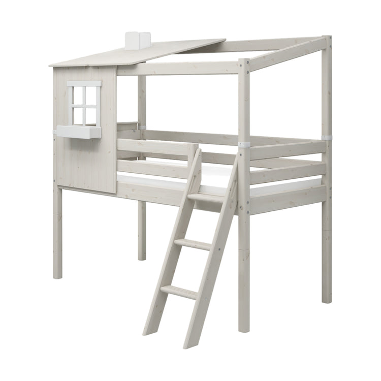 Flexa. Κρεβάτι μεσαίου ύψος Classic με κεκλιμένη σκάλα και 1/2 σπιτάκι - 210εκ - Λευκό ντεκαπέ /λευκό