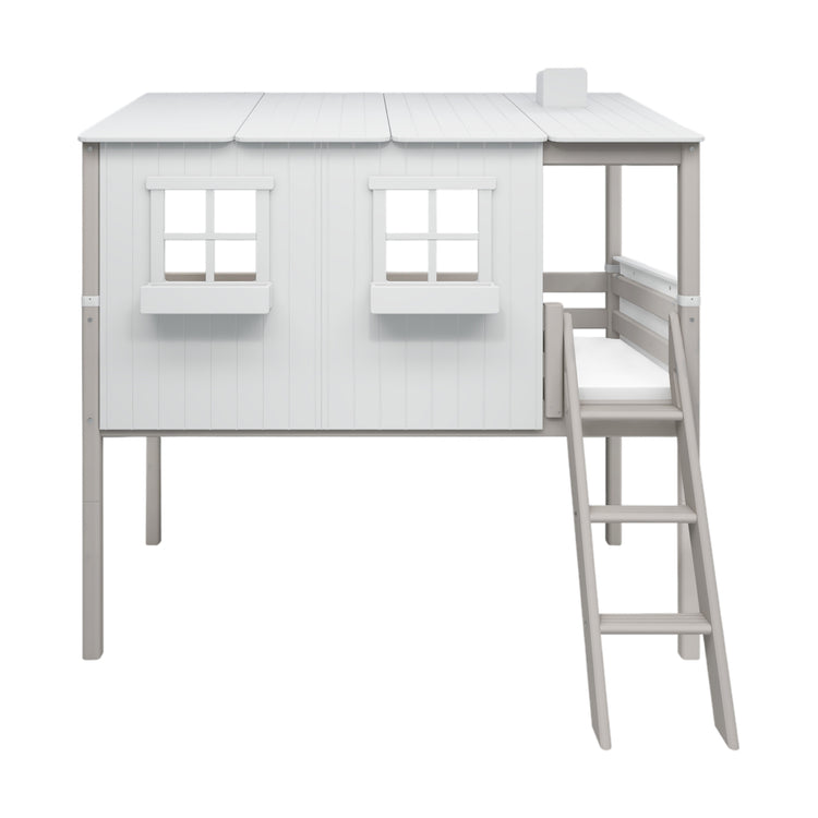Flexa. Classic mid-high bed with house, slanting ladder - 210cm - Grey washed