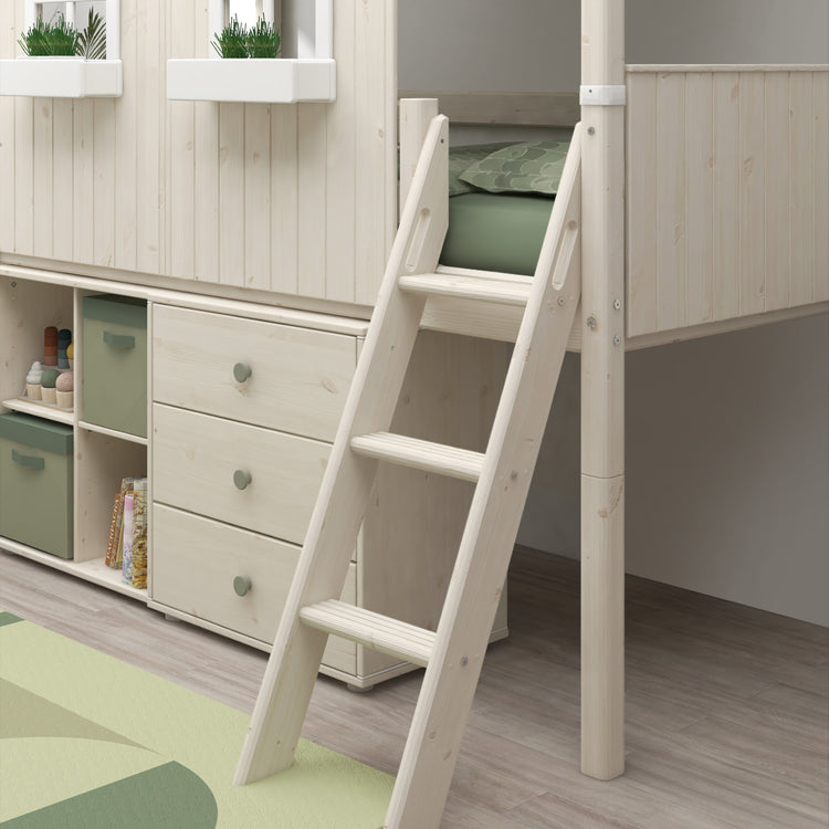Flexa. Κρεβάτι μεσαίου ύψος Classic με κεκλιμένη σκάλα και σπιτάκι - 210εκ - Λευκό ντεκαπέ /λευκό