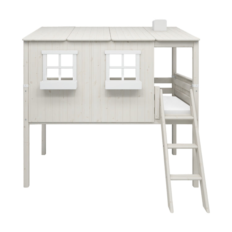 Flexa. Κρεβάτι μεσαίου ύψος Classic με κεκλιμένη σκάλα και σπιτάκι - 210εκ - Λευκό ντεκαπέ /λευκό