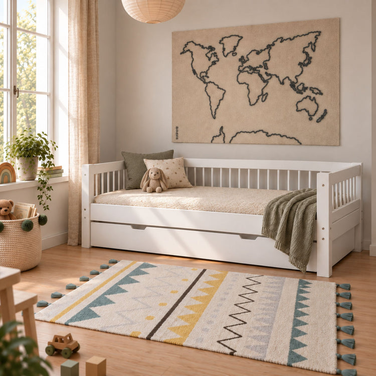 Single Bed with Crossbars, Storage and Safety Rail, 90x200 cm, White