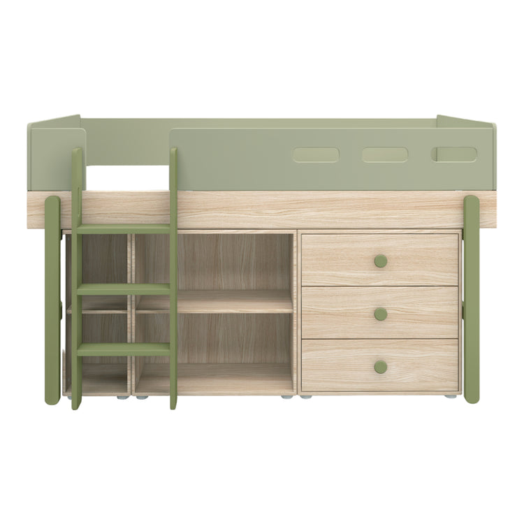 Flexa. Popsicle mid-high bed with straight ladder and storage - Oak / Kiwi