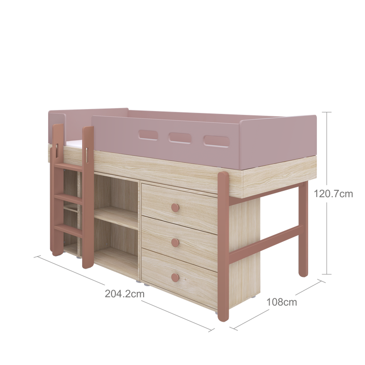 Flexa. Popsicle mid-high bed with straight ladder and storage - Oak / Cherry