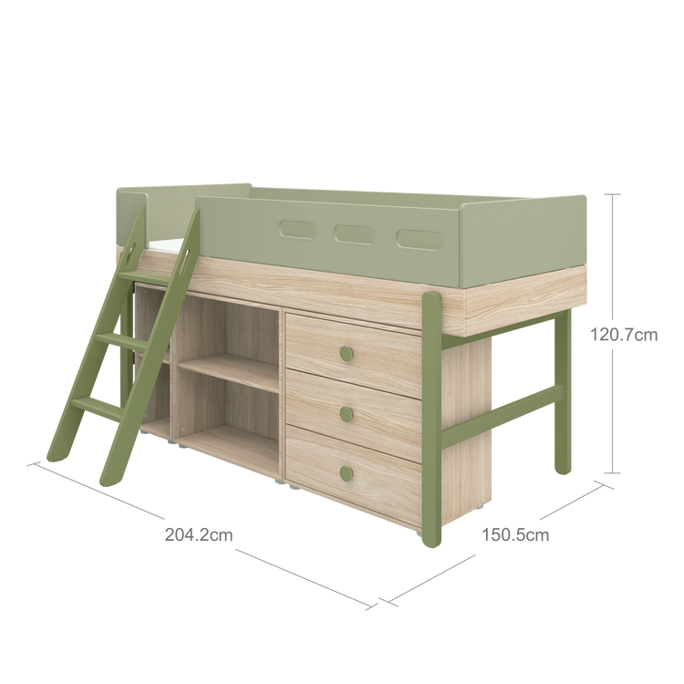 Flexa. Popsicle mid-high bed with slanting ladder and storage - Oak / kiwi