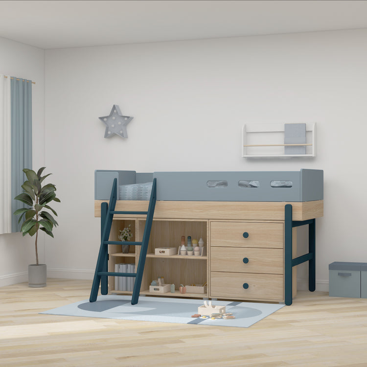 Flexa. Popsicle mid-high bed with slanting ladder and storage - Oak / Blueberry