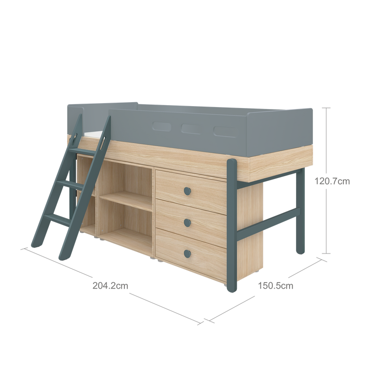 Flexa. Popsicle mid-high bed with slanting ladder and storage - Oak / Blueberry