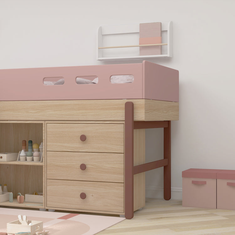 Flexa. Κρεβάτι μεσαίου ύψος Popsicle με κεκλιμένη σκάλα και αποθήκευση - Δρυς /αποχρώσεις ροζ
