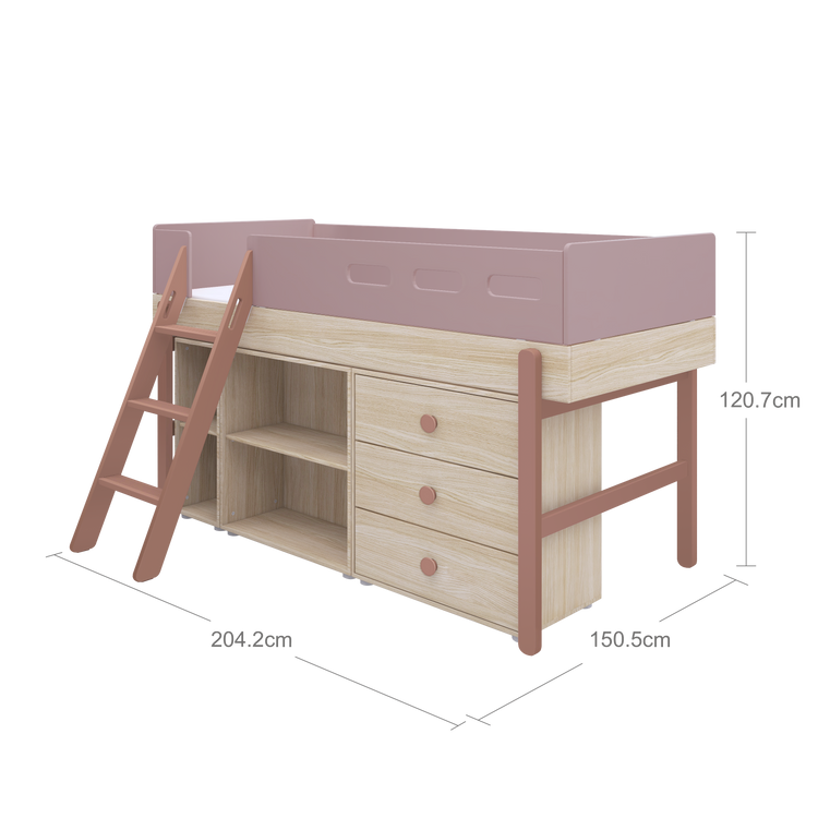 Flexa. Κρεβάτι μεσαίου ύψος Popsicle με κεκλιμένη σκάλα και αποθήκευση - Δρυς /αποχρώσεις ροζ