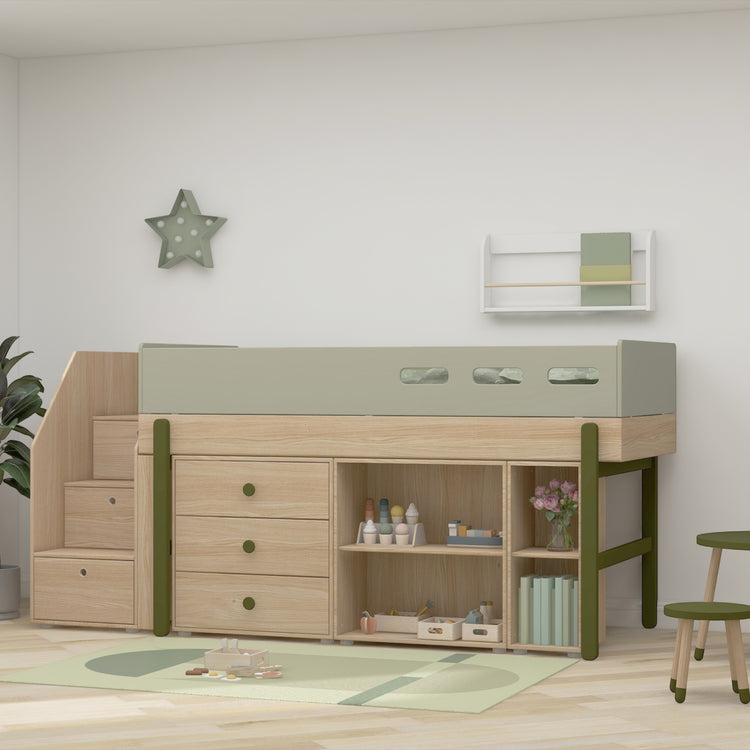 Flexa. Popsicle mid-high bed with staircase and storage - Oak / Kiwi