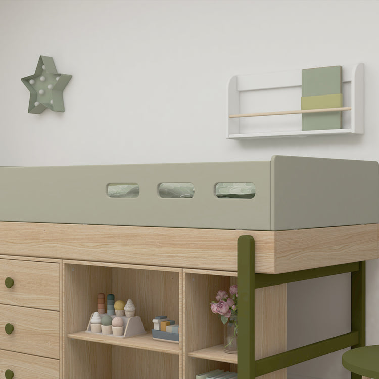 Flexa. Popsicle mid-high bed with staircase and storage - Oak / Kiwi