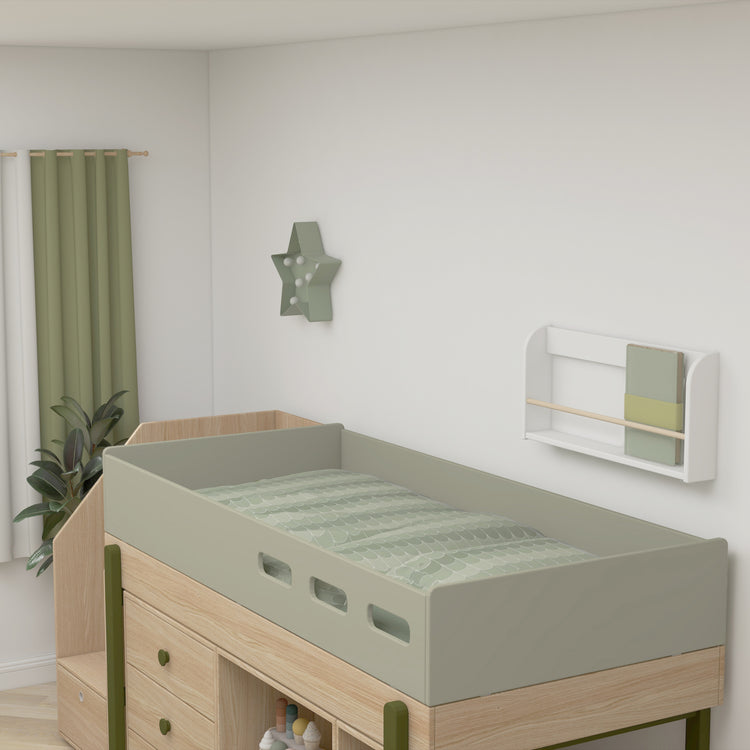 Flexa. Κρεβάτι μεσαίου ύψος Popsicle με σκαλοπάτια και αποθήκευση - Δρυς /αποχρώσεις πράσινου