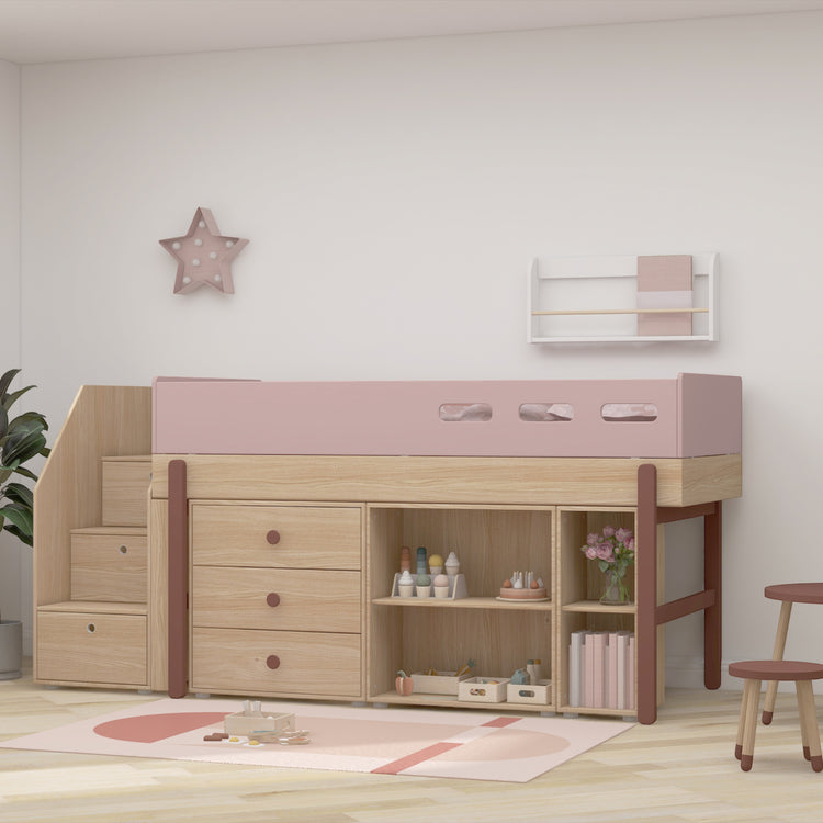 Flexa. Popsicle mid-high bed with staircase and storage - Oak / Cherry