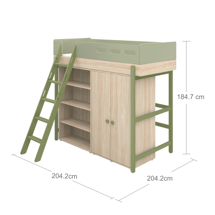 Flexa. Popsicle high bed with slanting ladder and storage - Oak / Kiwi
