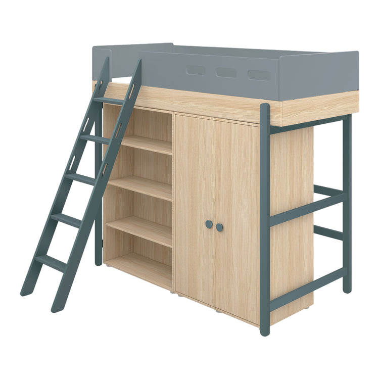 Flexa. Popsicle high bed with slanting ladder and storage - Oak / Blueberry