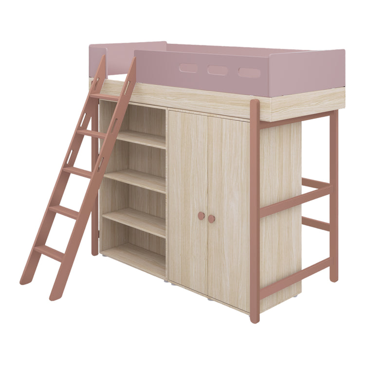 Flexa. Κρεβάτι ψηλό Popsicle με κεκλιμένη σκάλα και αποθήκευση - Δρυς /αποχρώσεις ροζ
