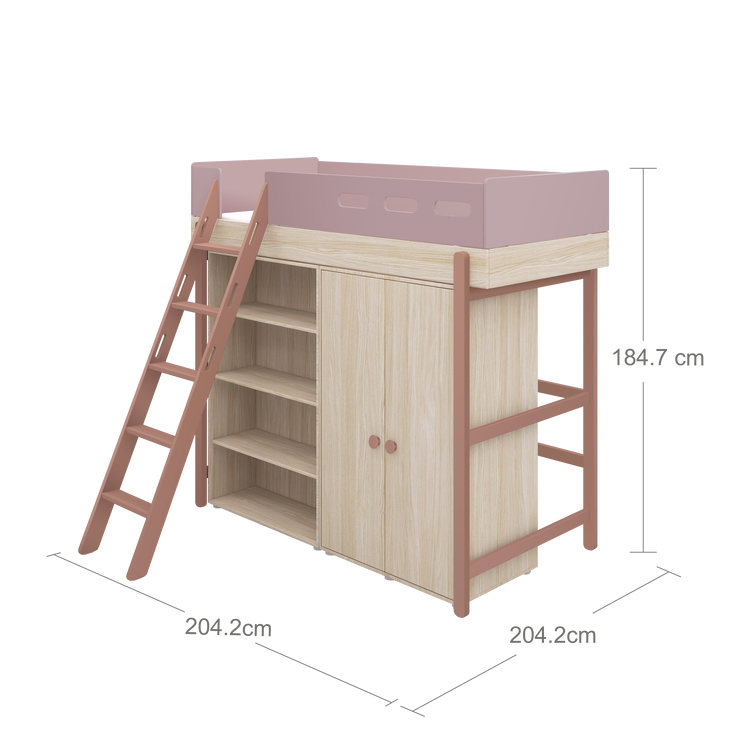 Flexa. Κρεβάτι ψηλό Popsicle με κεκλιμένη σκάλα και αποθήκευση - Δρυς /αποχρώσεις ροζ