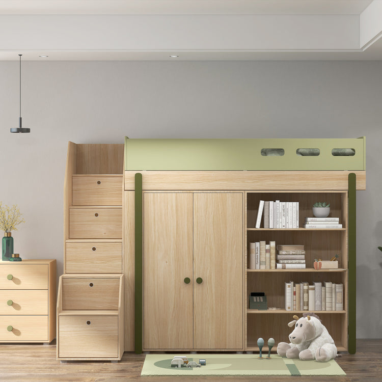 Flexa. Popsicle high bed with staircase and storage - Oak / Kiwi