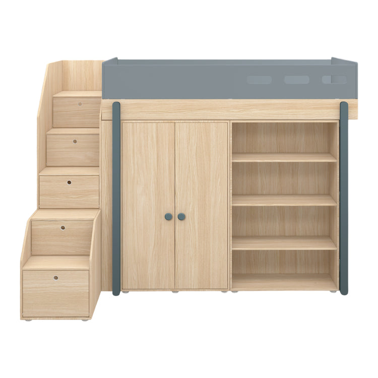 Flexa. Popsicle high bed with staircase and storage - Oak / Blueberry